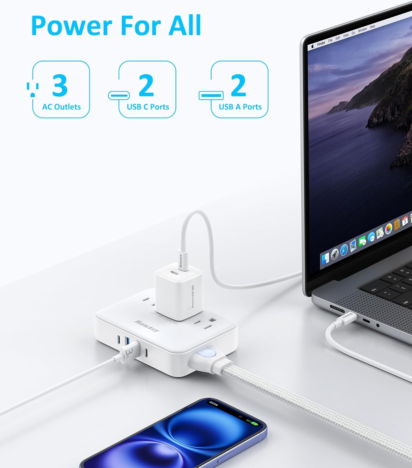Easycombo Travel Detachable Power-Strip - 3-Outlets, Cruise Approved, No Surge Protection, Detachable Cord Options,4 USB Ports (2 USB-C, 2 USB-A)