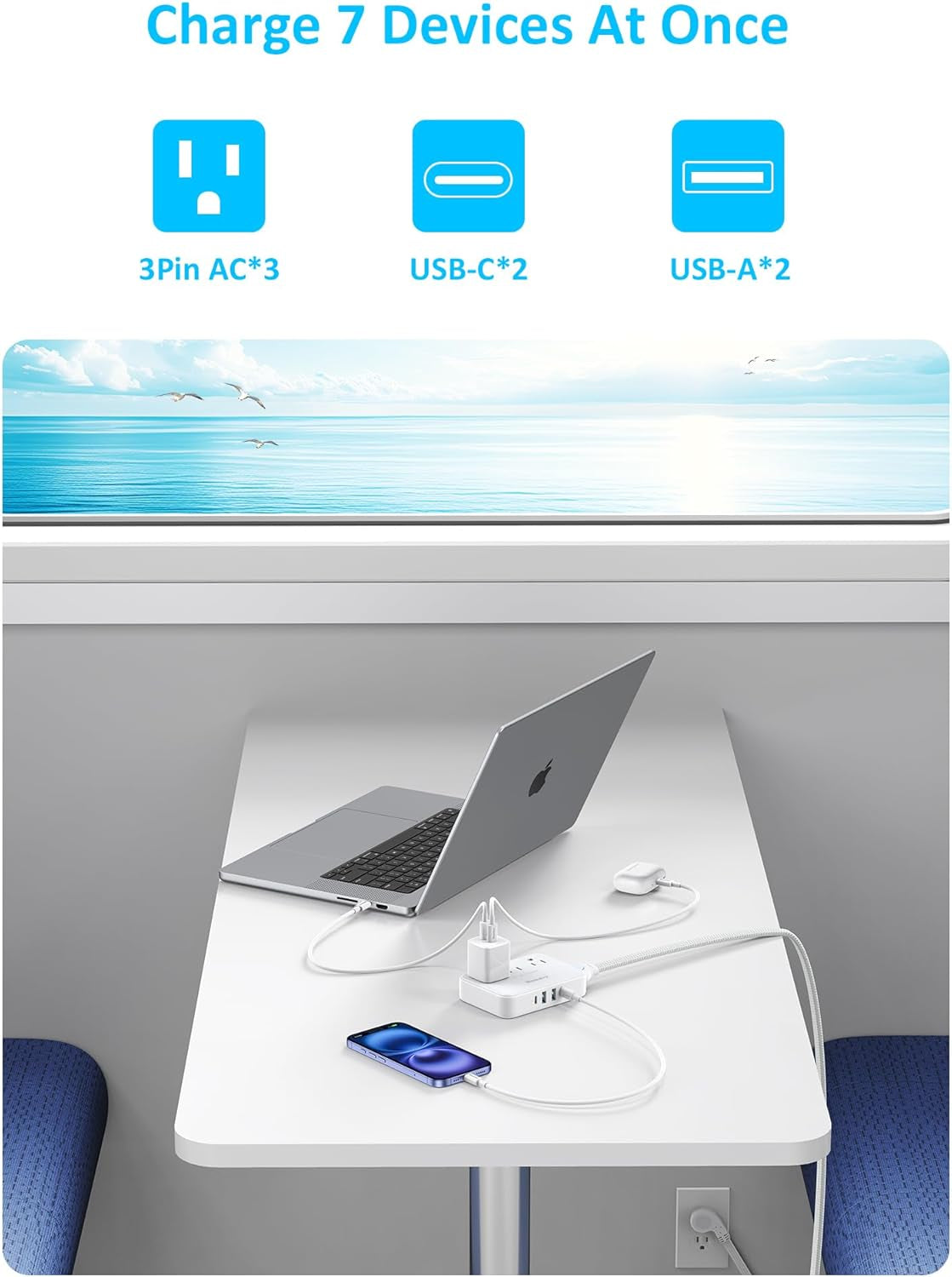 Easycombo Travel Detachable Power-Strip - 3-Outlets, Cruise Approved, No Surge Protection, Detachable Cord Options,4 USB Ports (2 USB-C, 2 USB-A)