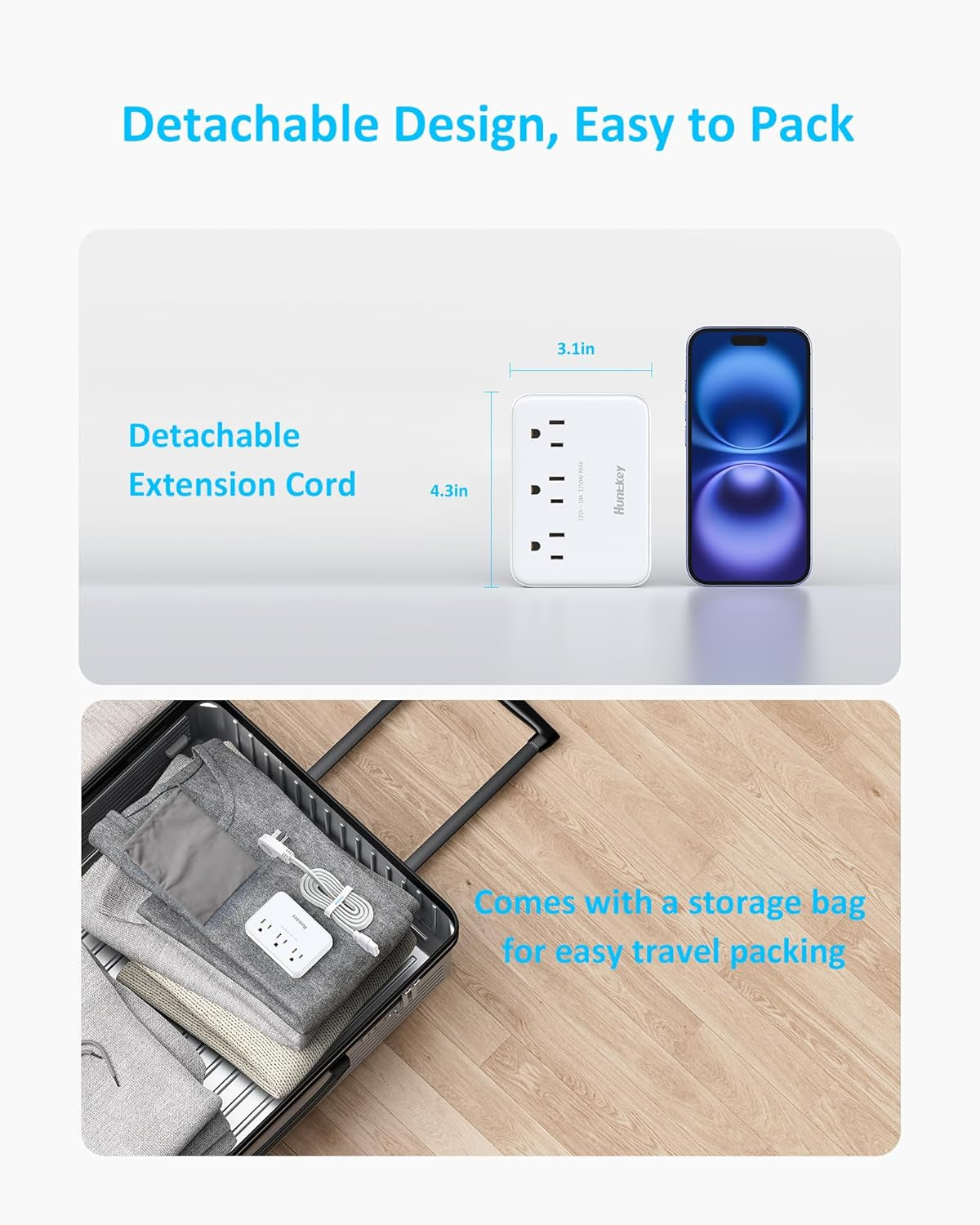 Easycombo Travel Detachable Power-Strip - 3-Outlets, Cruise Approved, No Surge Protection, Detachable Cord Options,4 USB Ports (2 USB-C, 2 USB-A)