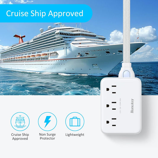 Easycombo Travel Detachable Power-Strip - 3-Outlets, Cruise Approved, No Surge Protection, Detachable Cord Options,4 USB Ports (2 USB-C, 2 USB-A)
